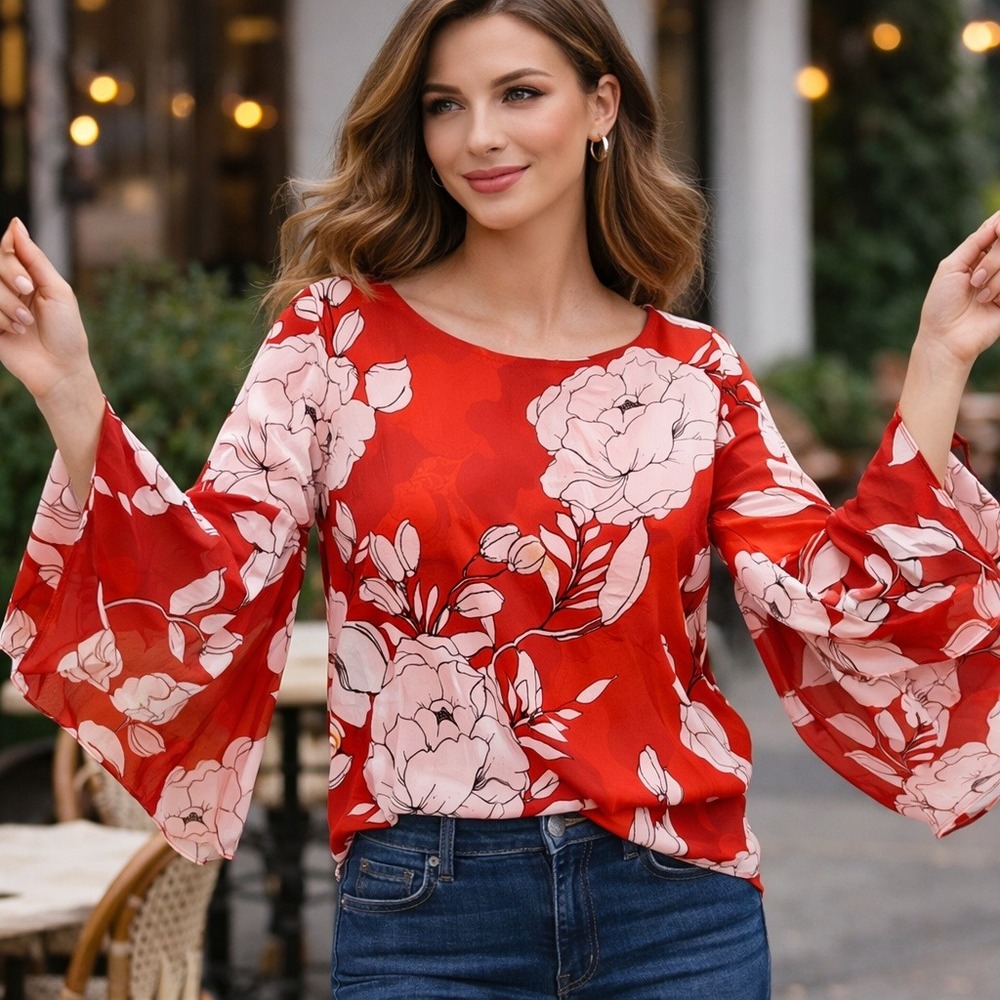 Chicos Red Floral Bell Sleeve‎ Asymmetrical Hem Blouse Top Size 2 L Large